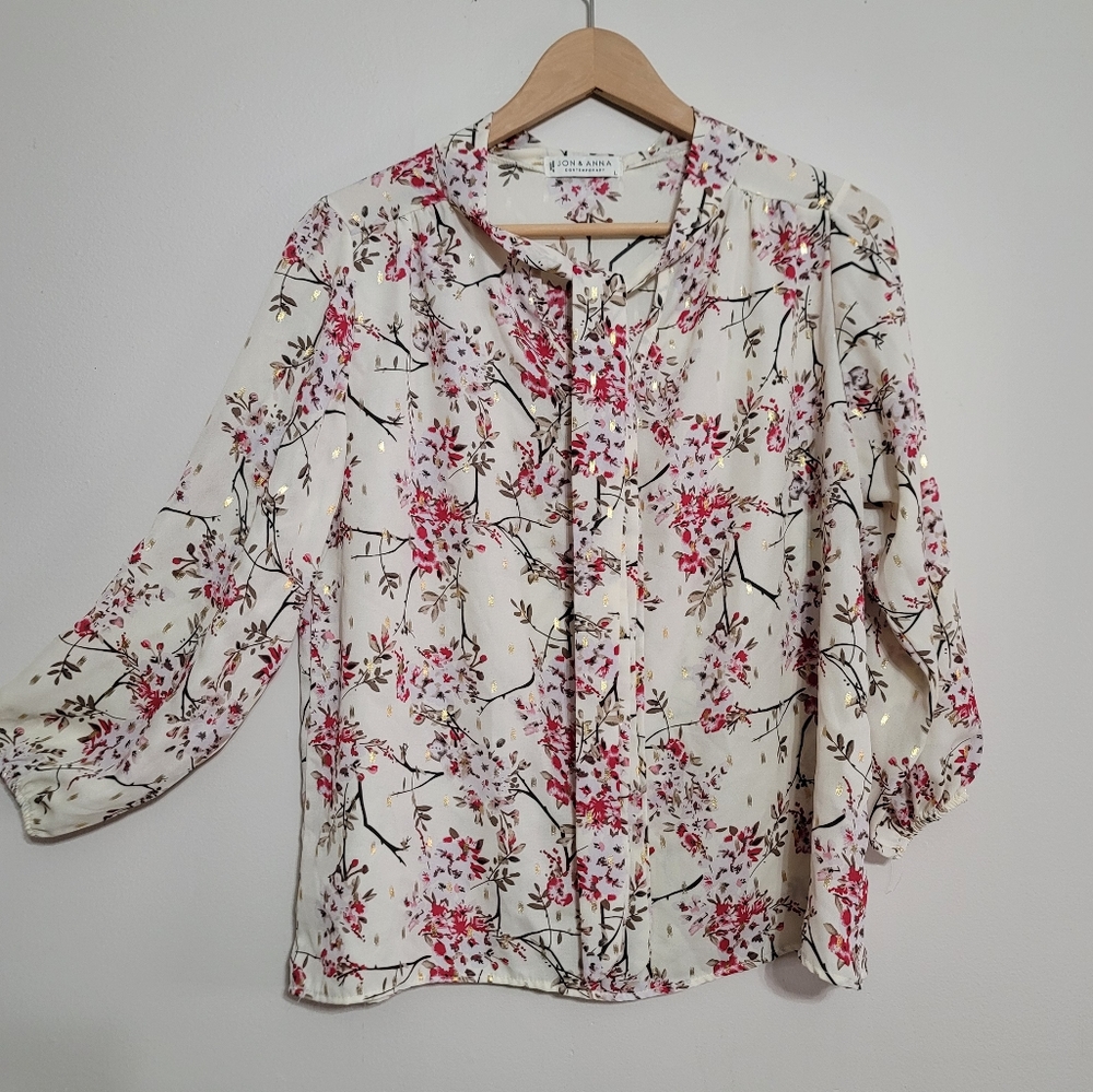 JON & ANNA WOMEN'S FLORAL BLOUSE LONG SLEEVES PINK-BEIGE METALLIC SIZE LARGE